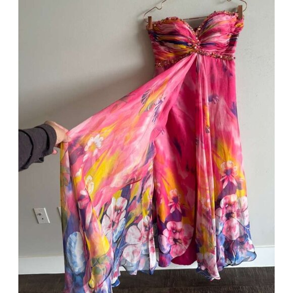 La Femme Womens Rhinestones Embellishments Floral Print Prom Dress Pink Size 4 - Picture 9 of 12